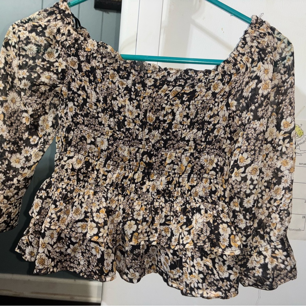 Patrons of Peace floral top with White and Mustard Floral Print. Off shoulder